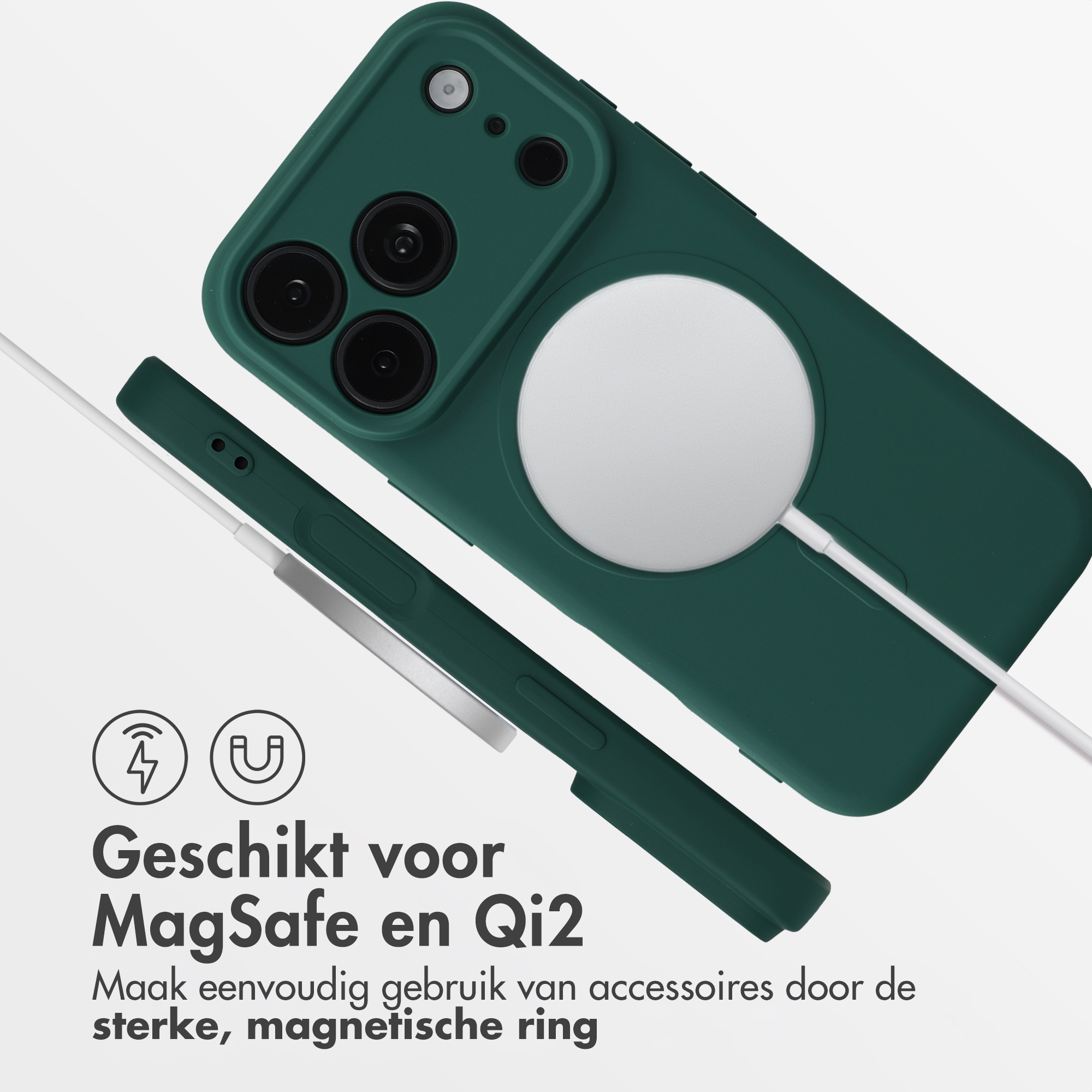 Dark green smartphone case with MagSafe ring and white cable on a white background with Dutch text.