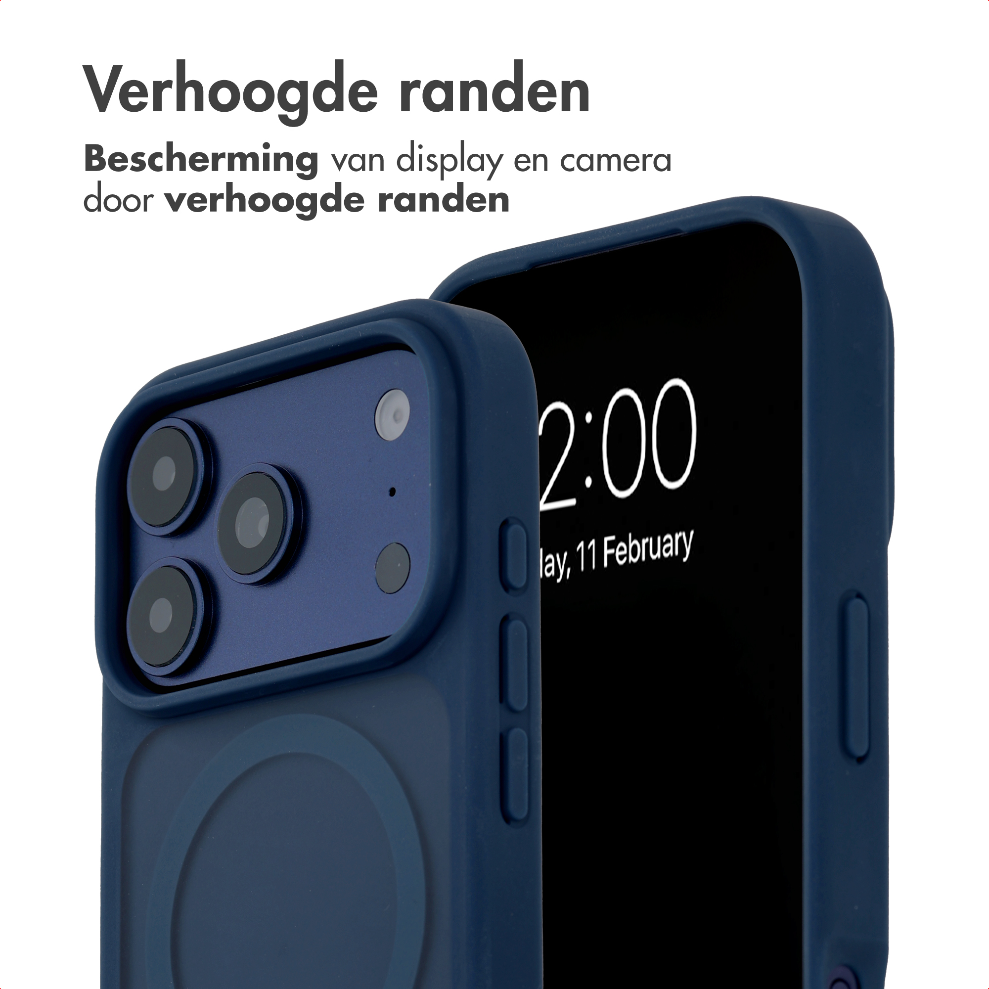 Deux coques de smartphone bleu foncé sur fond blanc, soulignant les bords surélevés pour la protection.