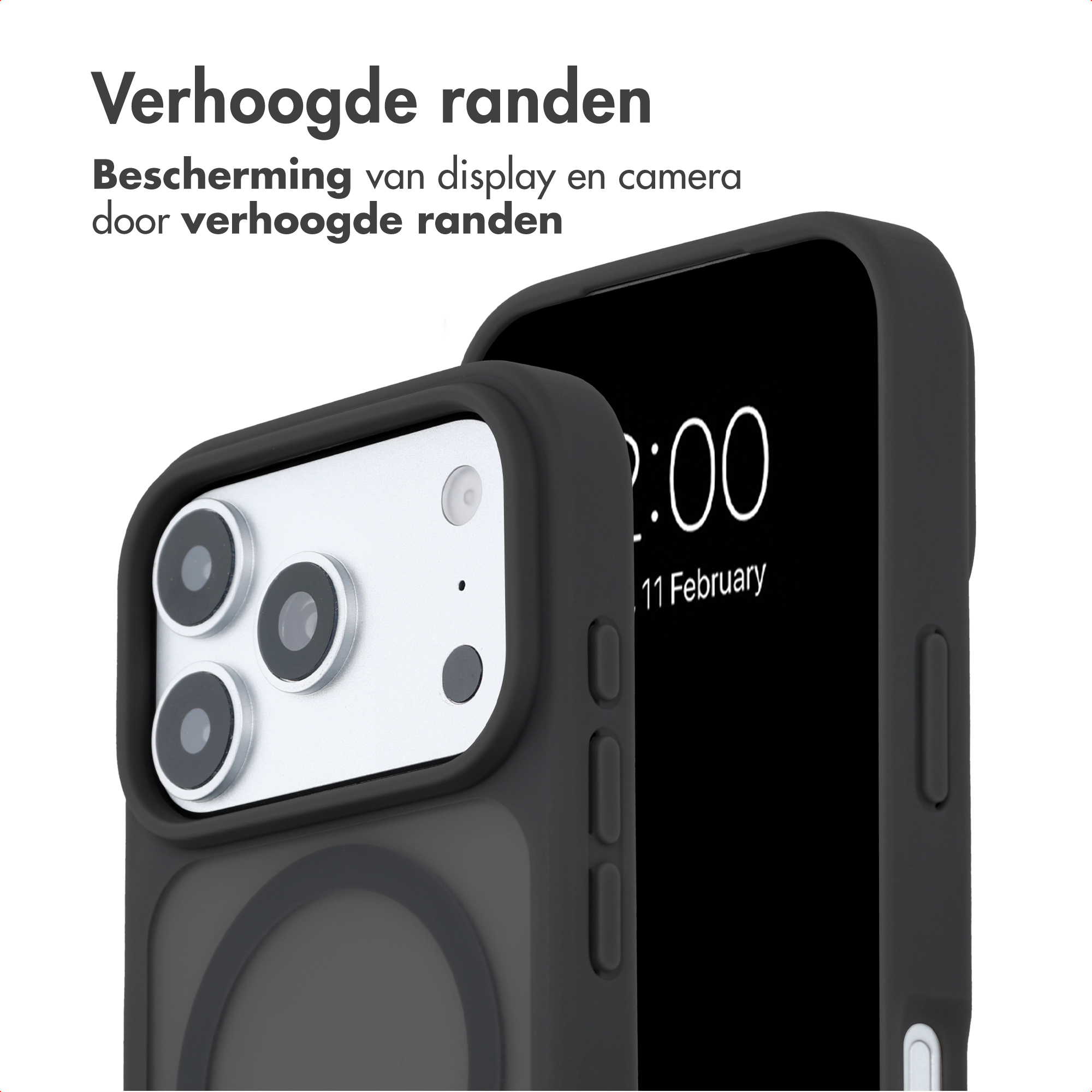 Des bords surélevés sur une coque de smartphone noire protègent l'écran et l'appareil photo.