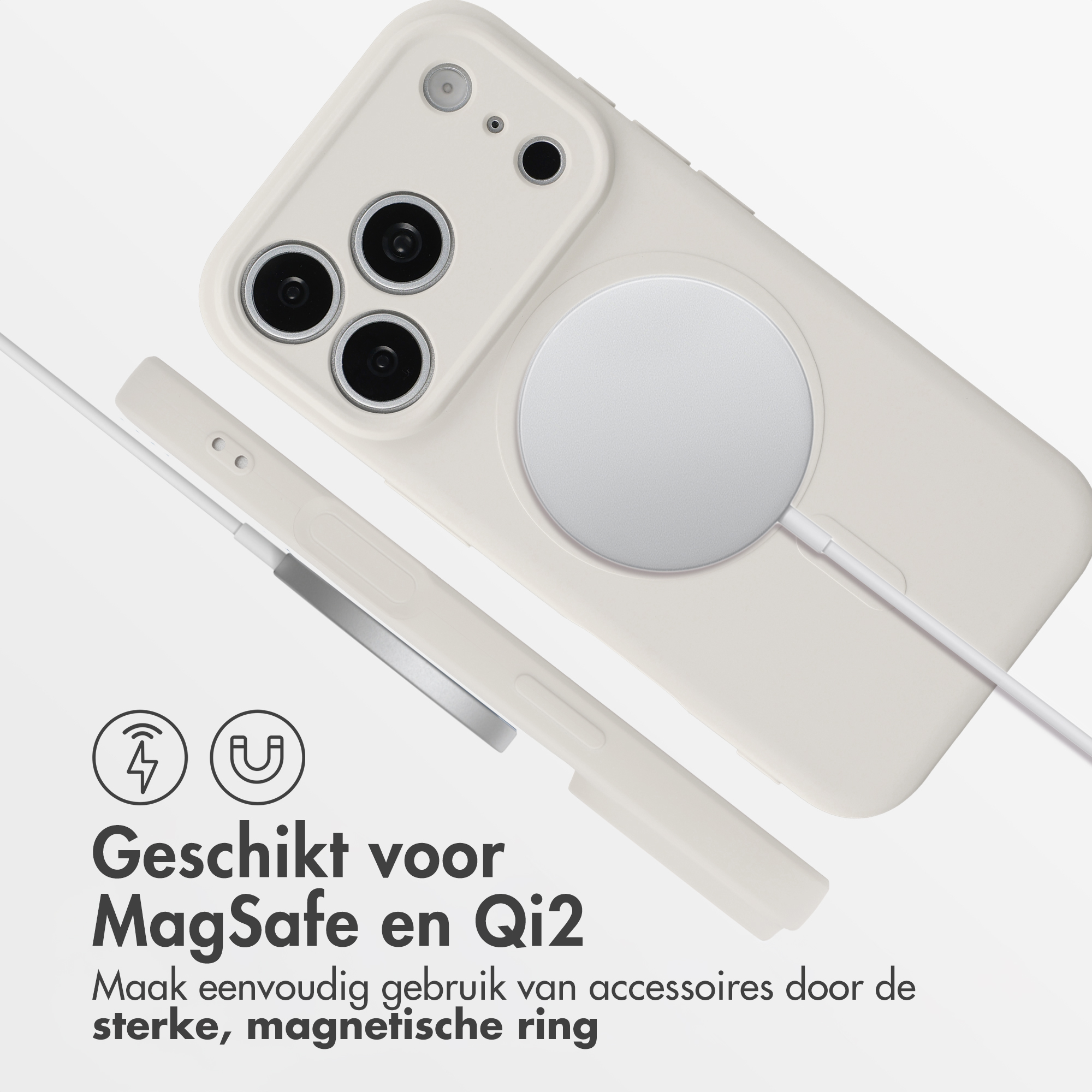 Beige phone case with MagSafe ring on the back and a side view piece. Dutch promotional text below.