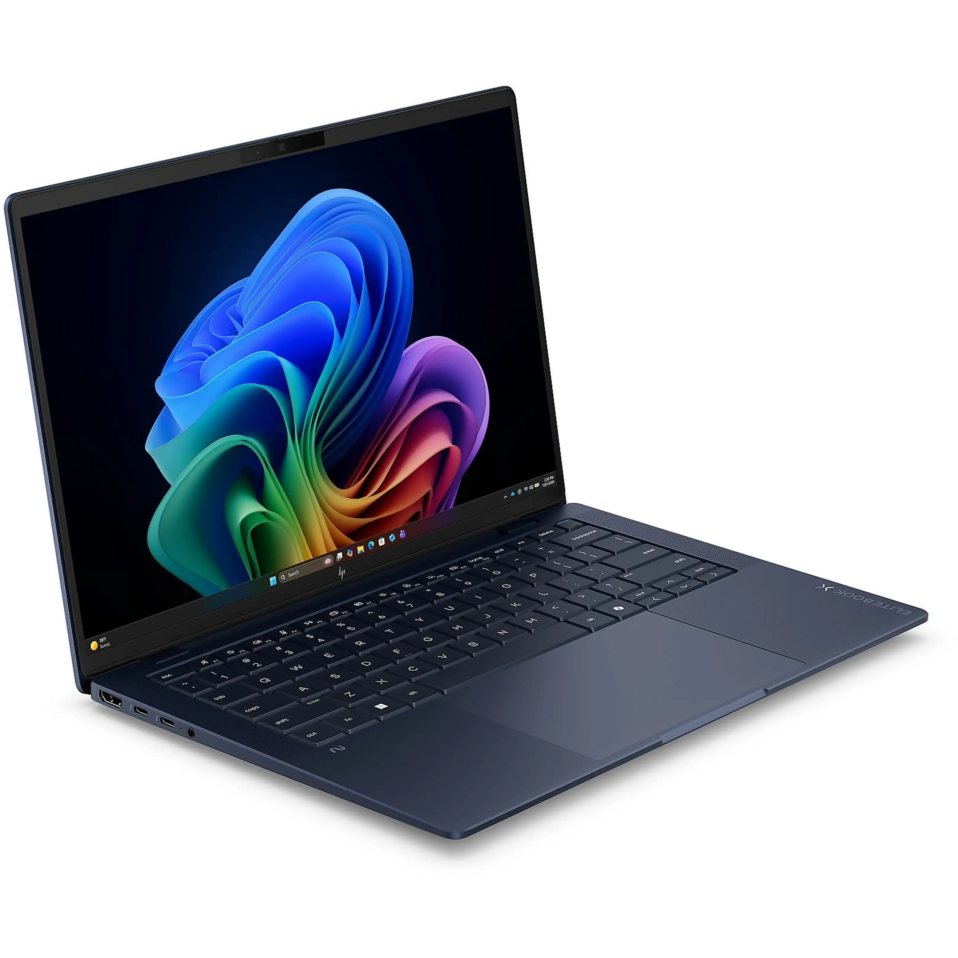 Un computer portatile blu con tastiera nera e uno sfondo astratto colorato sullo schermo.