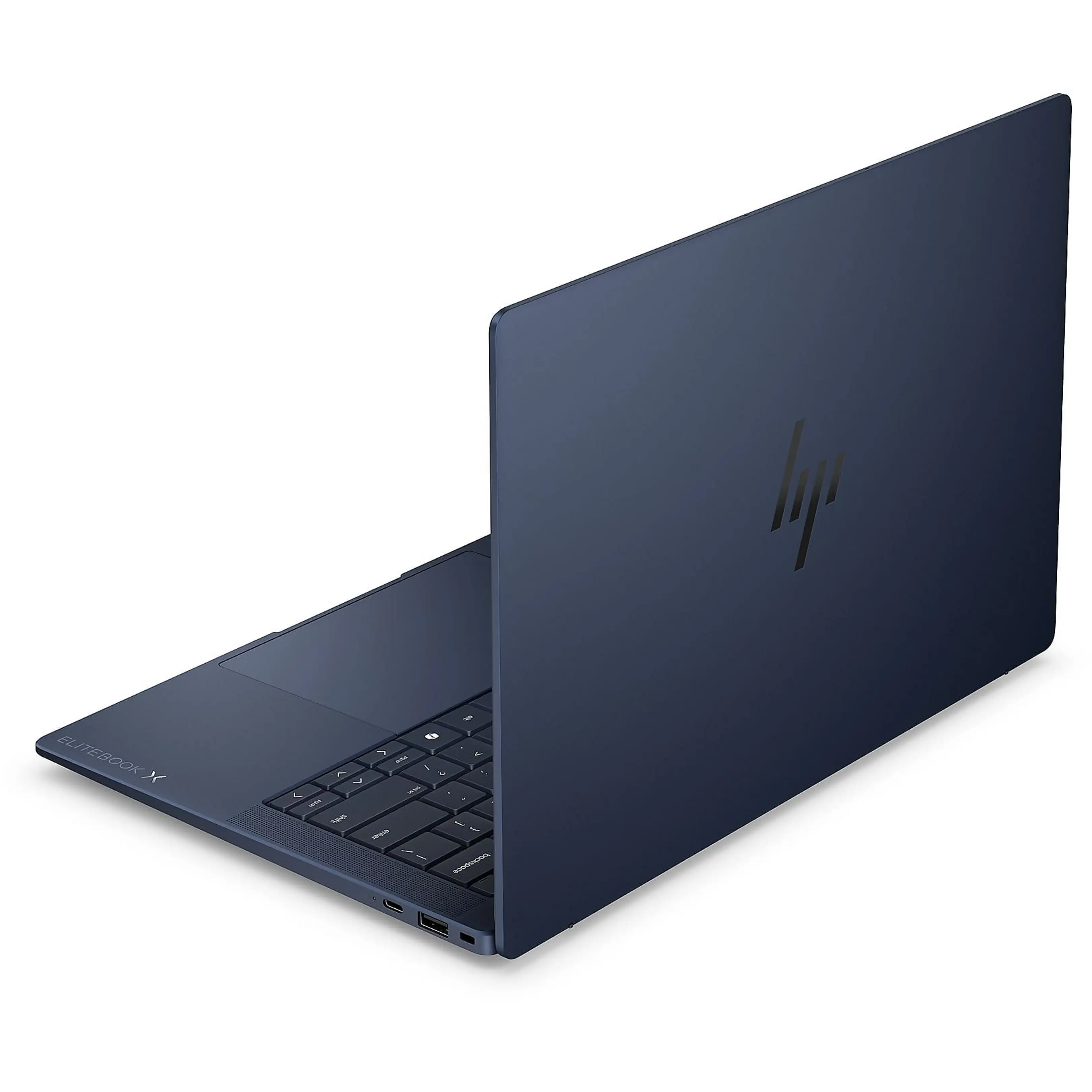 Un laptop HP EliteBook X blu scuro su superficie bianca mostra tastiera, touchpad e logo.