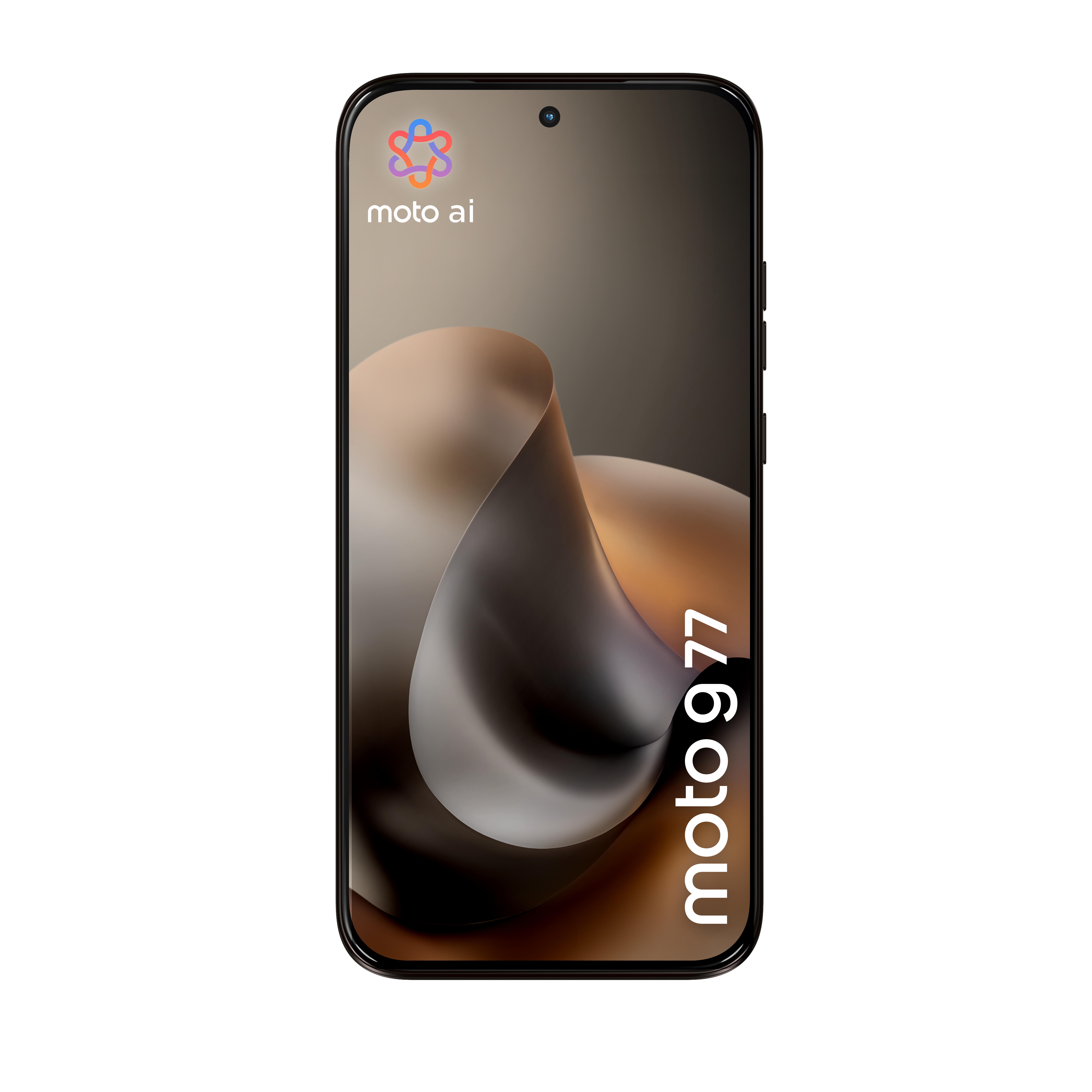 Uno smartphone nero con angoli arrotondati mostra il testo moto g77 e il logo moto ai sullo schermo.
