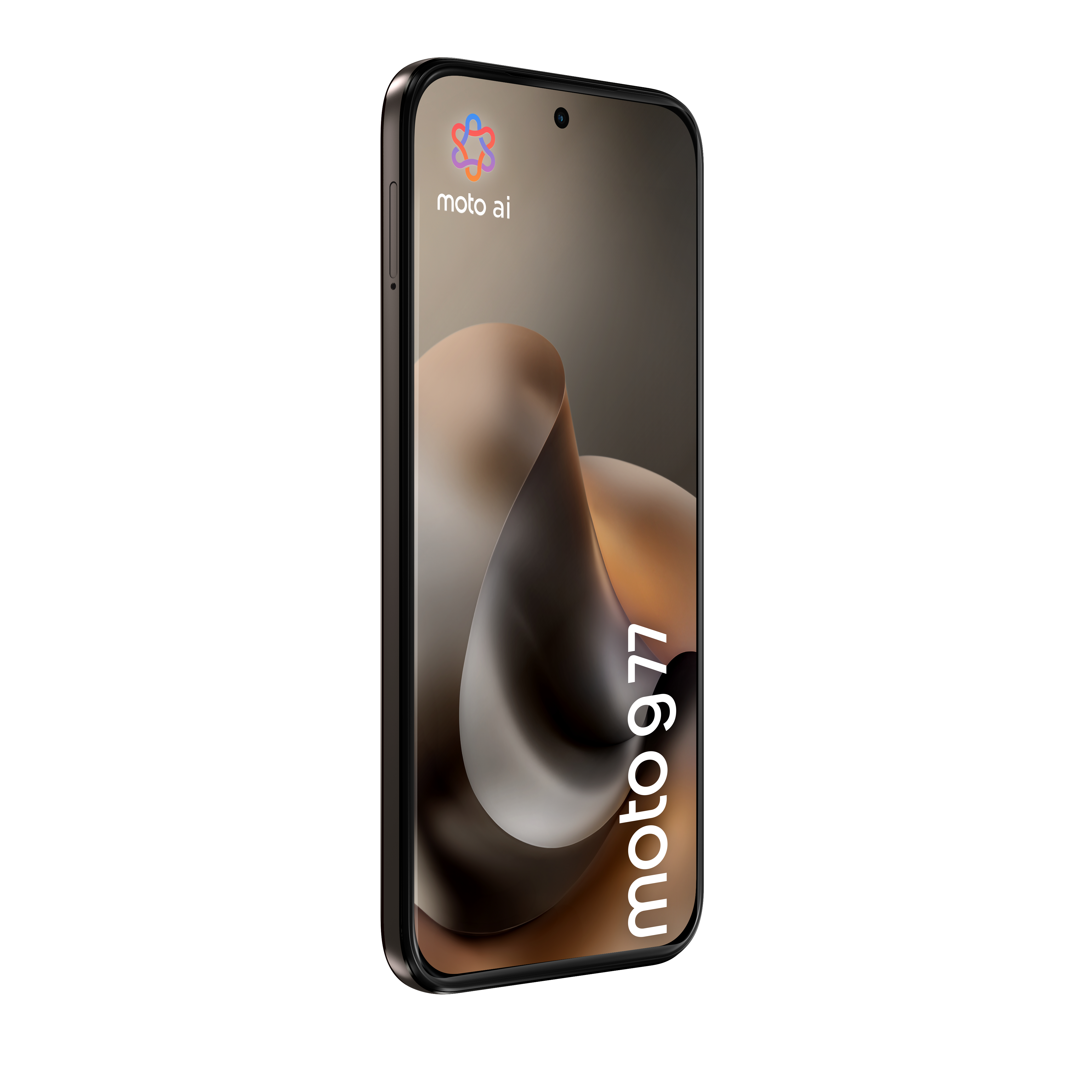Uno smartphone nero inclinato a sinistra mostra uno sfondo astratto marrone, il logo moto ai e il testo moto g77.