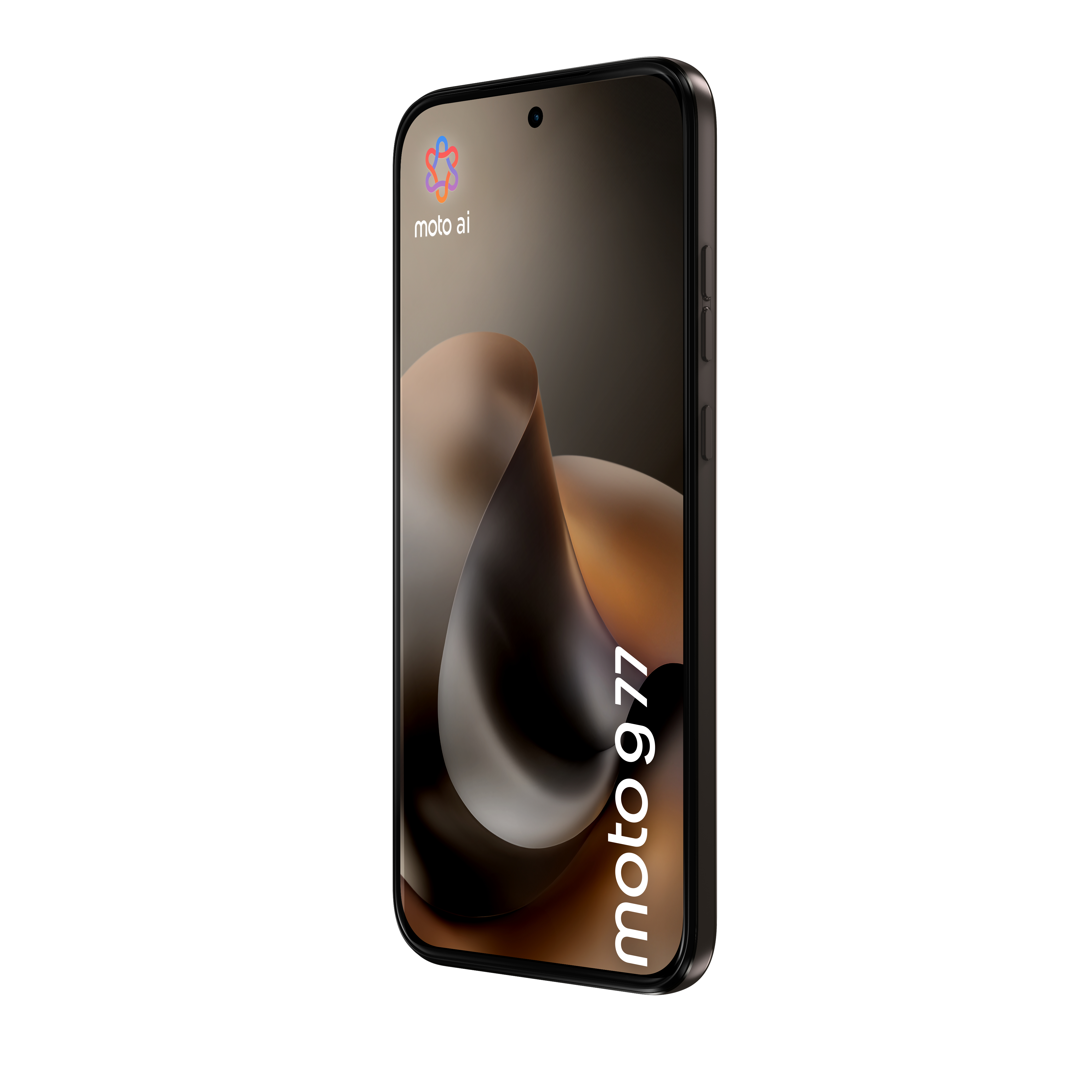 Uno smartphone nero con display curvo che mostra il testo moto g 77 e moto ai sullo schermo.