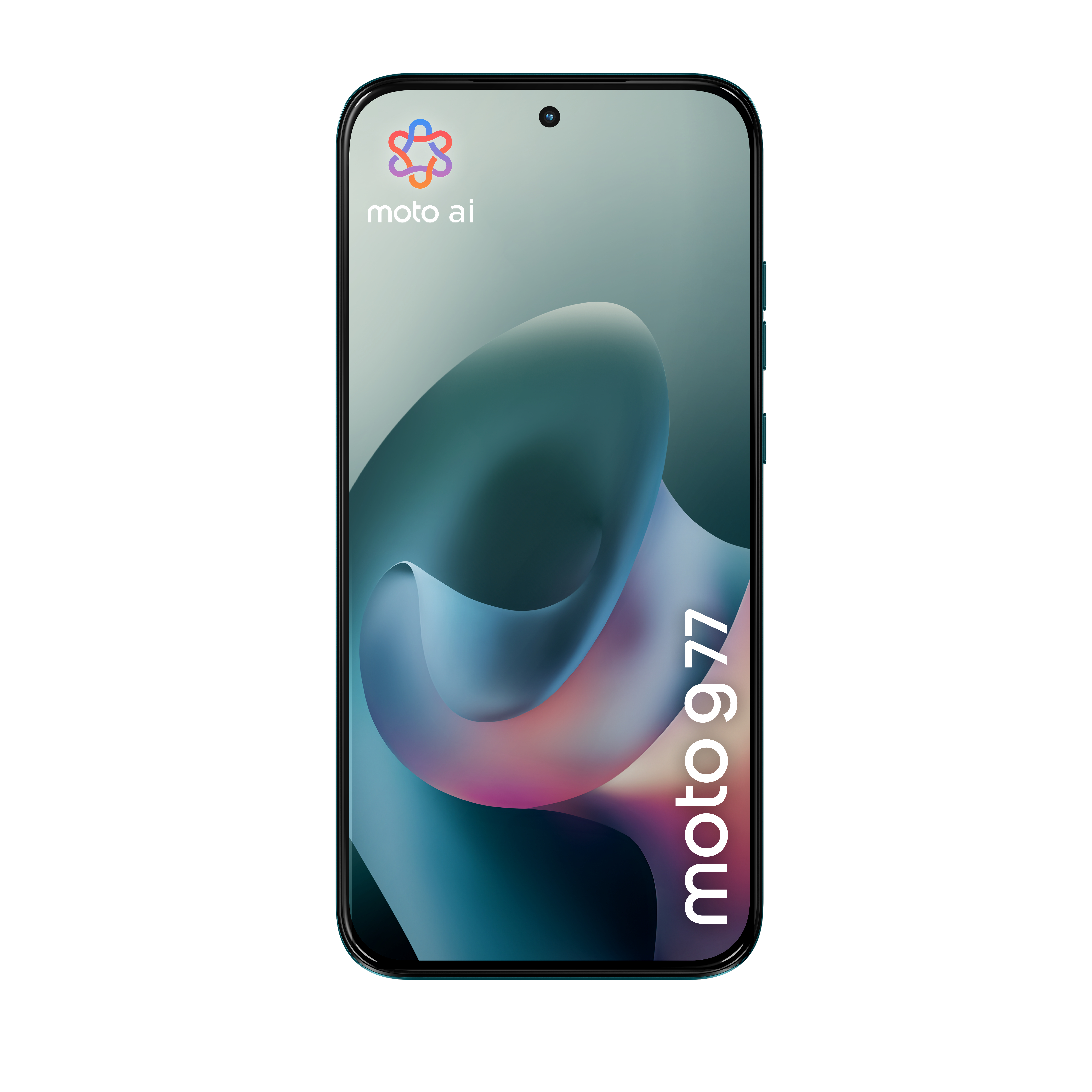 Uno smartphone mostra il testo moto ai e moto g77 sullo schermo con uno sfondo blu astratto.