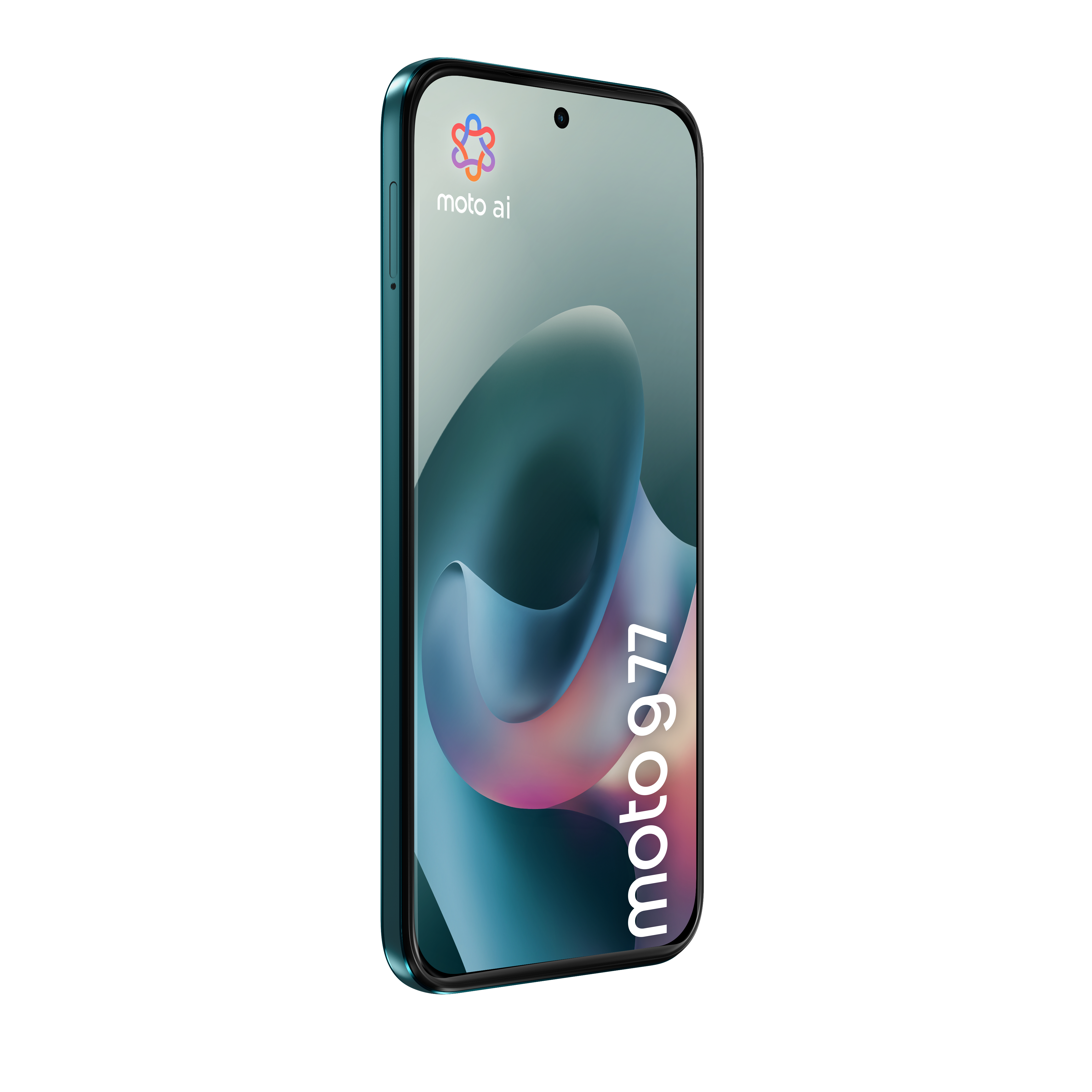 Uno smartphone Motorola blu mostra uno sfondo astratto e il testo moto 977.