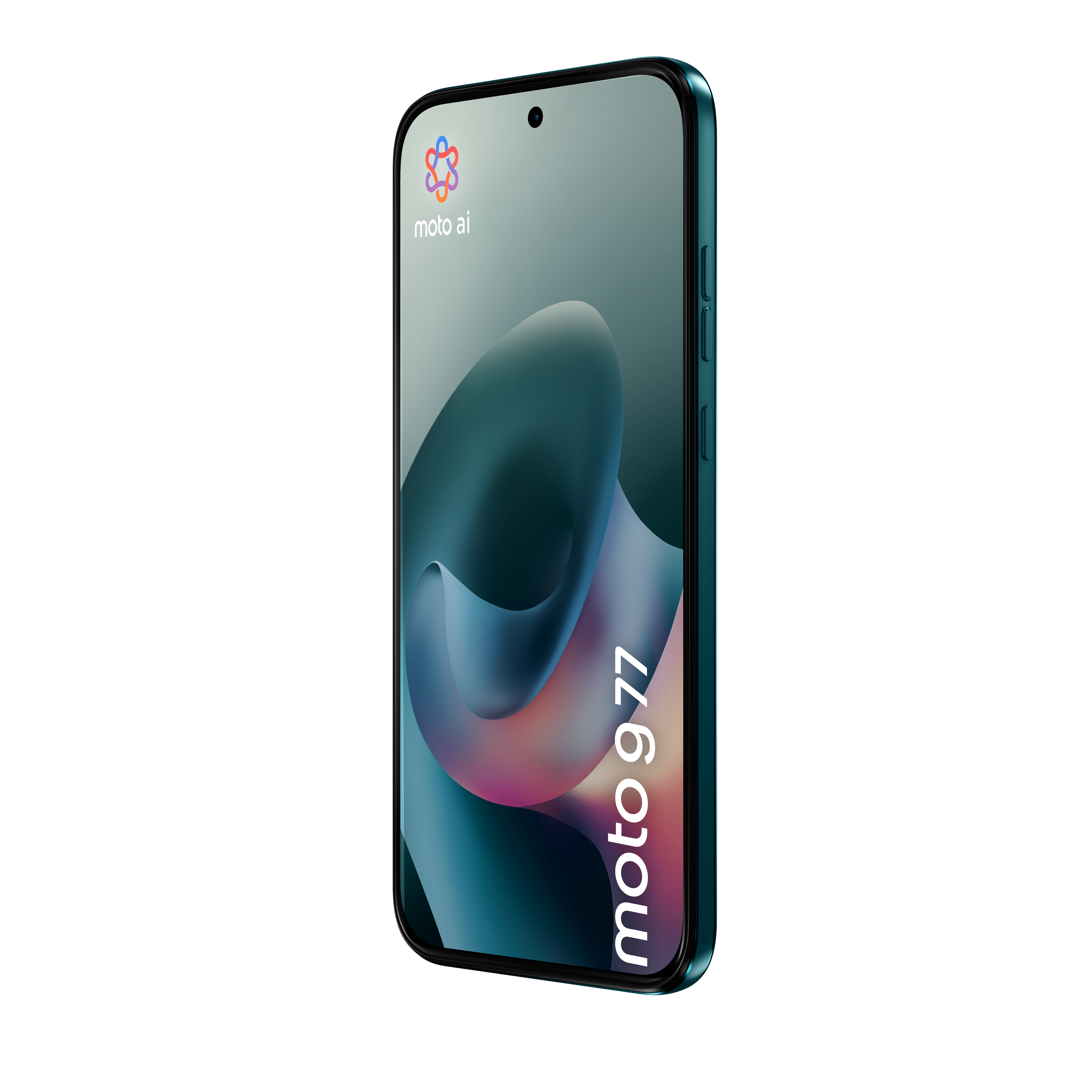 Uno smartphone verde acqua mostra uno schermo astratto con le scritte "moto 977" e "moto ai".