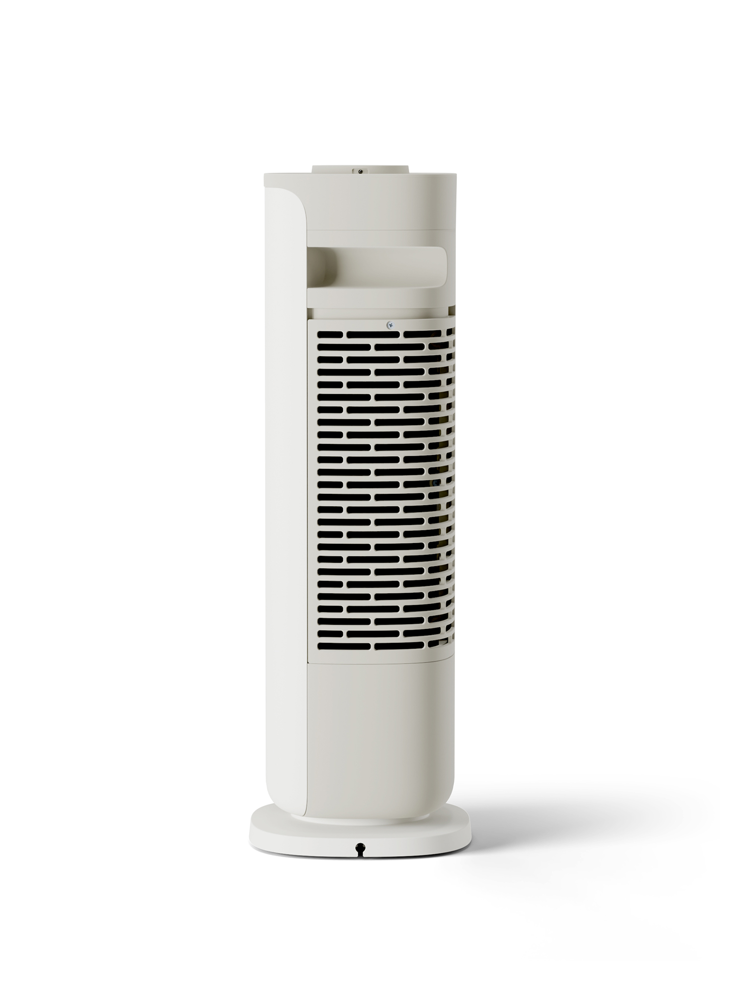 Ein weißer Turmventilator steht vertikal auf einem runden Sockel vor weißem Hintergrund.