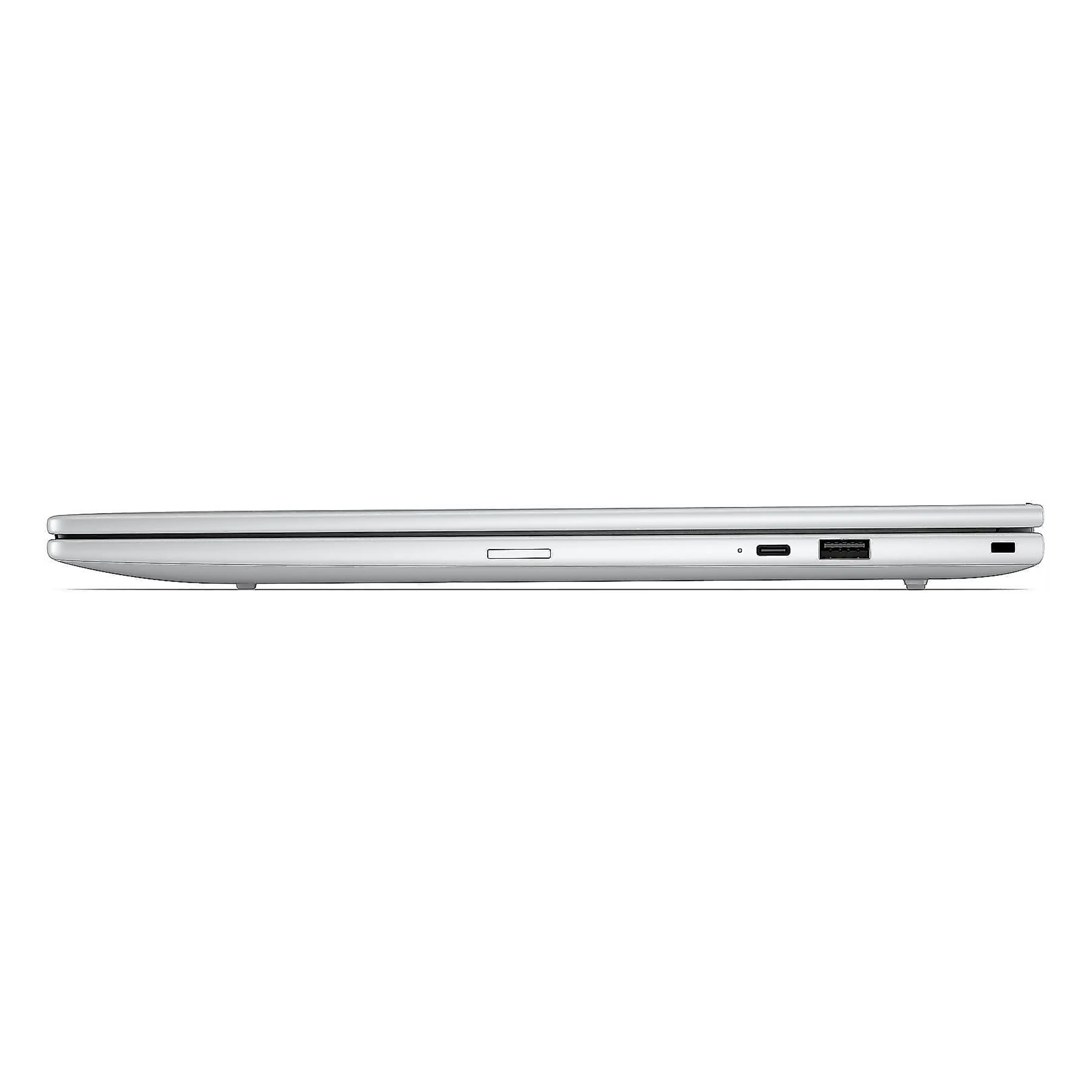 Vista laterale di un laptop argentato chiuso che mostra una porta USB-C, una porta USB e un jack audio su sfondo nero.