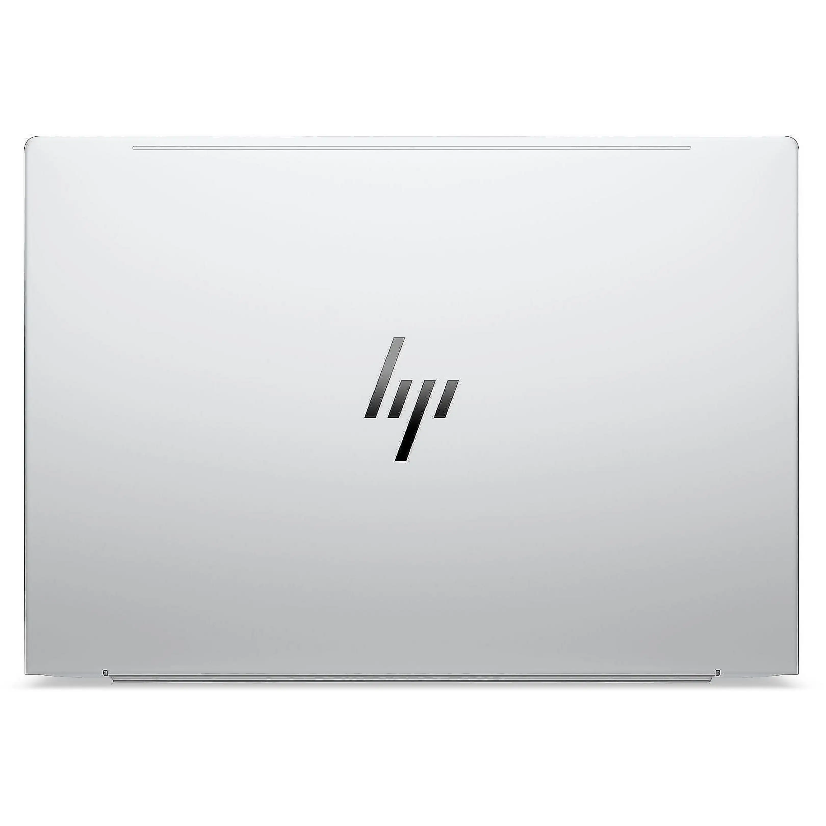 Laptop argentato chiuso con un logo HP centrato su una superficie bianca.