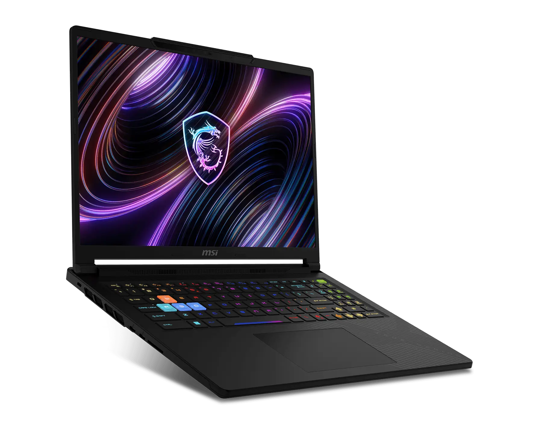 Un computer portatile da gioco MSI nero con tastiera luminosa colorata e logo del drago sullo schermo, su sfondo nero.