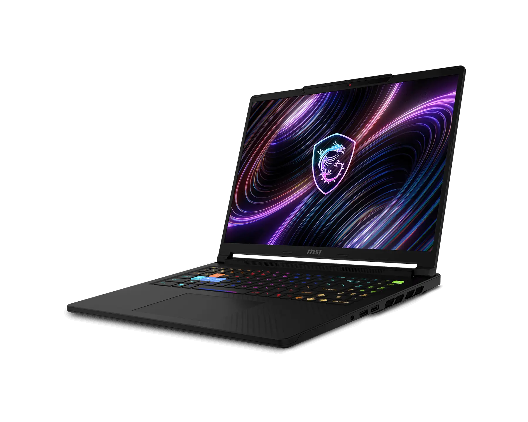 Un computer portatile da gioco MSI nero con tastiera retroilluminata colorata e sfondo al neon su sfondo nero.