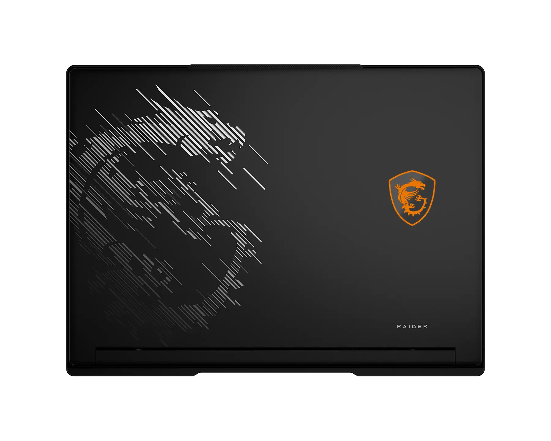 Coperchio del laptop nero con design di drago argentato e logo arancione.