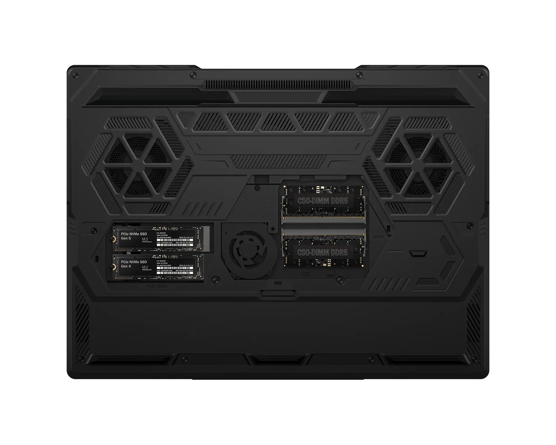 La parte inferiore nera di un laptop mostra due SSD e due moduli RAM DDR5 oltre alle ventole di raffreddamento.