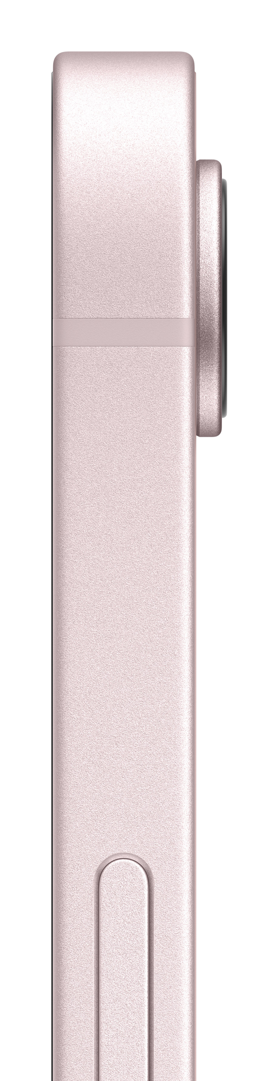 Vista laterale di uno smartphone rosa con corpo metallico e modulo fotocamera sporgente.