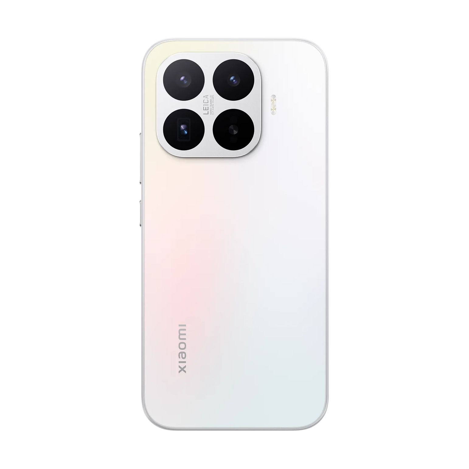 Retro di uno smartphone Xiaomi bianco con modulo a quattro fotocamere e logo.