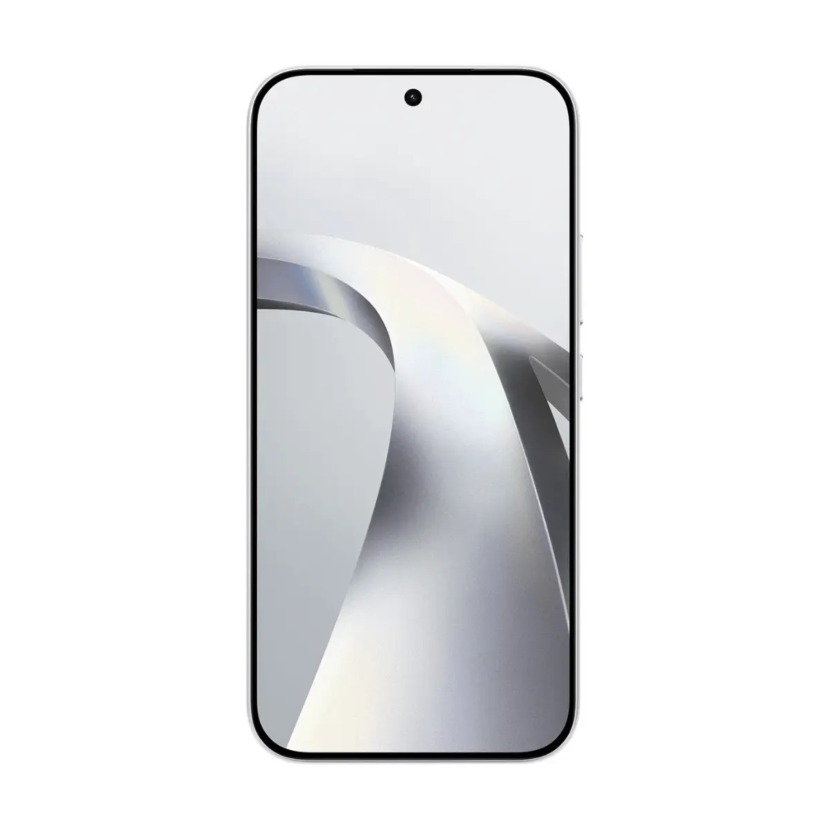 Vista frontale di un moderno smartphone con cornice bianca e uno sfondo astratto argentato.