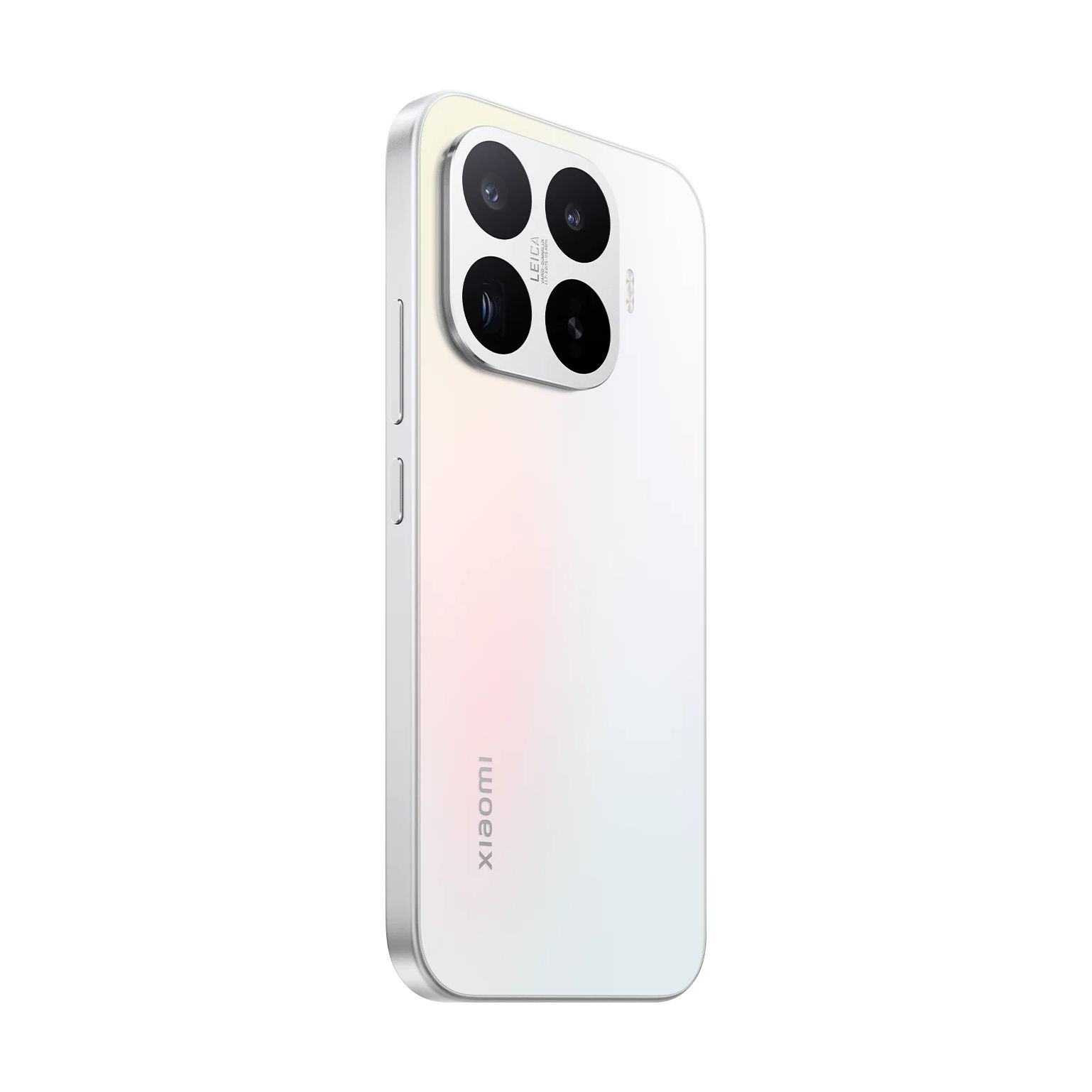 Vista posteriore di uno smartphone Xiaomi bianco con quattro fotocamere Leica in un modulo quadrato in alto a sinistra.