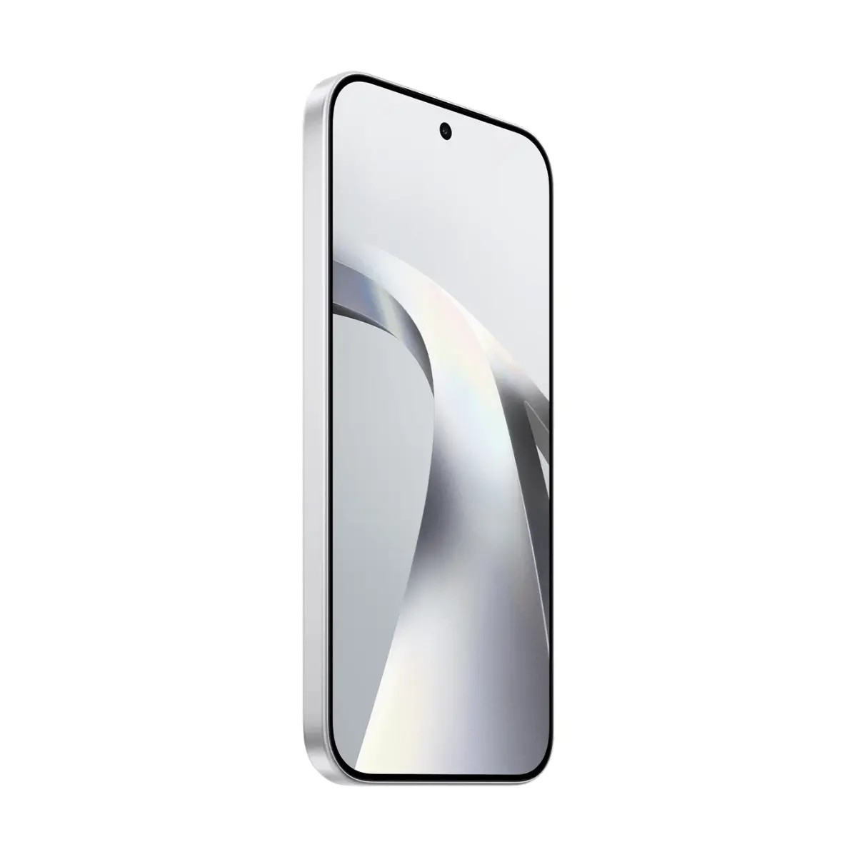 Un elegante smartphone argento con schermo bianco e design a onde grigie astratte.