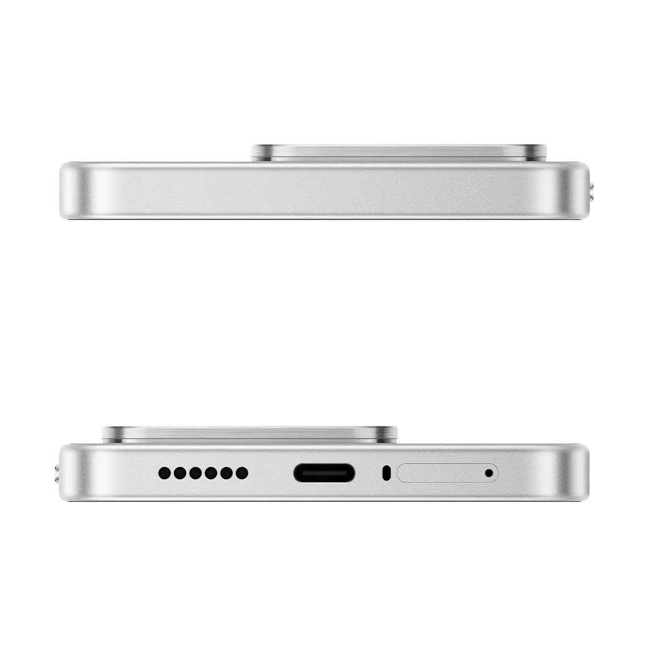 Due viste laterali di uno smartphone argento con porte, griglia altoparlante e fotocamera su sfondo bianco.