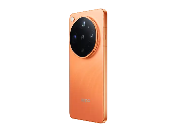 Ein orangefarbenes Smartphone mit einer großen runden Kamera auf der Rückseite vor schwarzem Hintergrund.