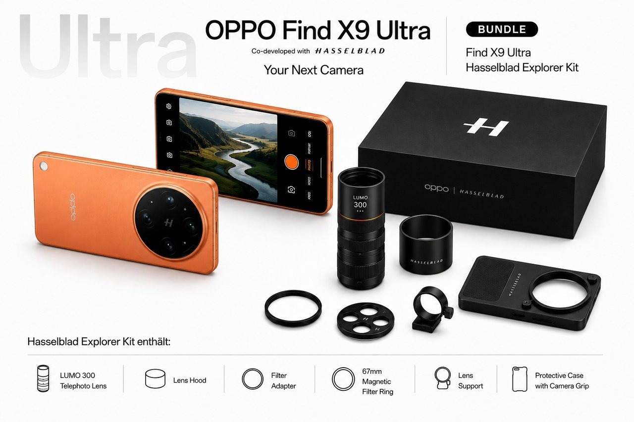 Oppo Find X9 Ultra mit orangefarbenem Gehäuse und Hasselblad Explorer Kit Zubehör wie Objektiven und Hülle.
