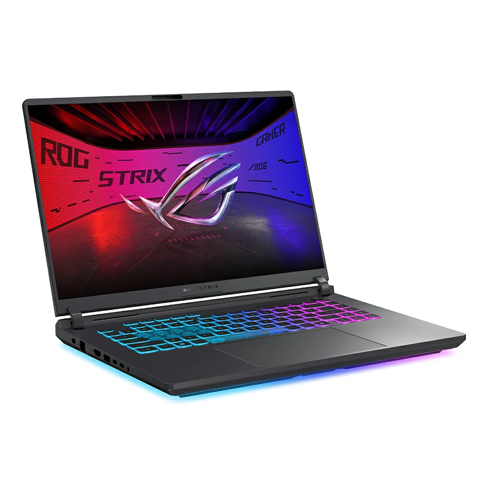 Un laptop da gioco nero con retroilluminazione RGB colorata e il logo ROG Strix sullo schermo.