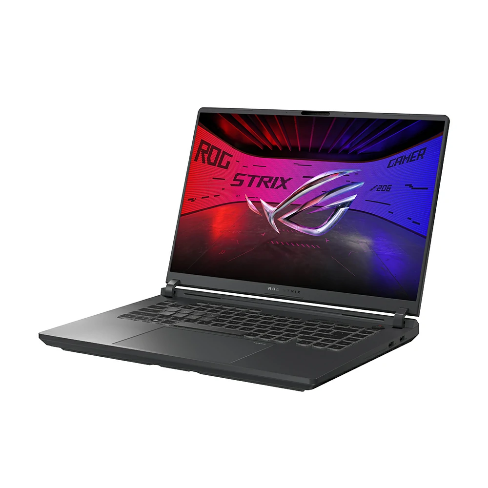 Un laptop nero Asus ROG Strix con schermo attivo che mostra il logo e il testo ROG.