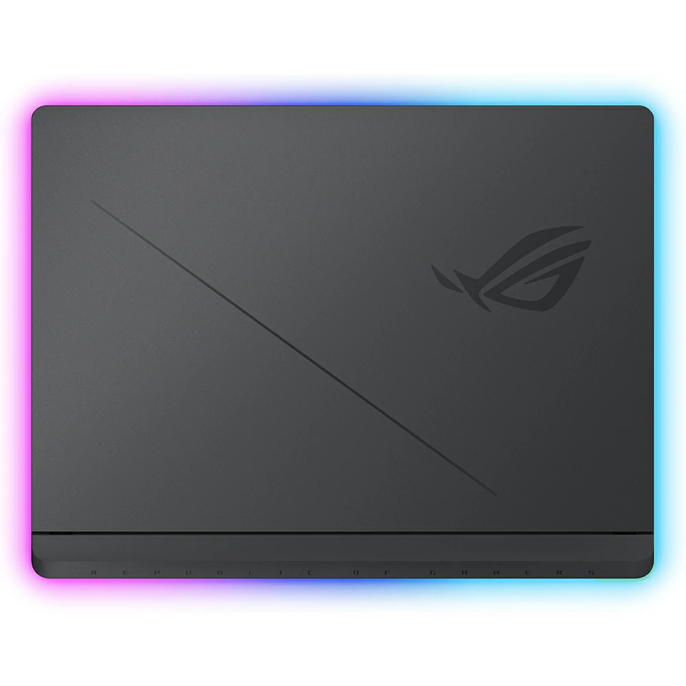 Un laptop grigio scuro chiuso con un logo sottile e illuminazione RGB inferiore.