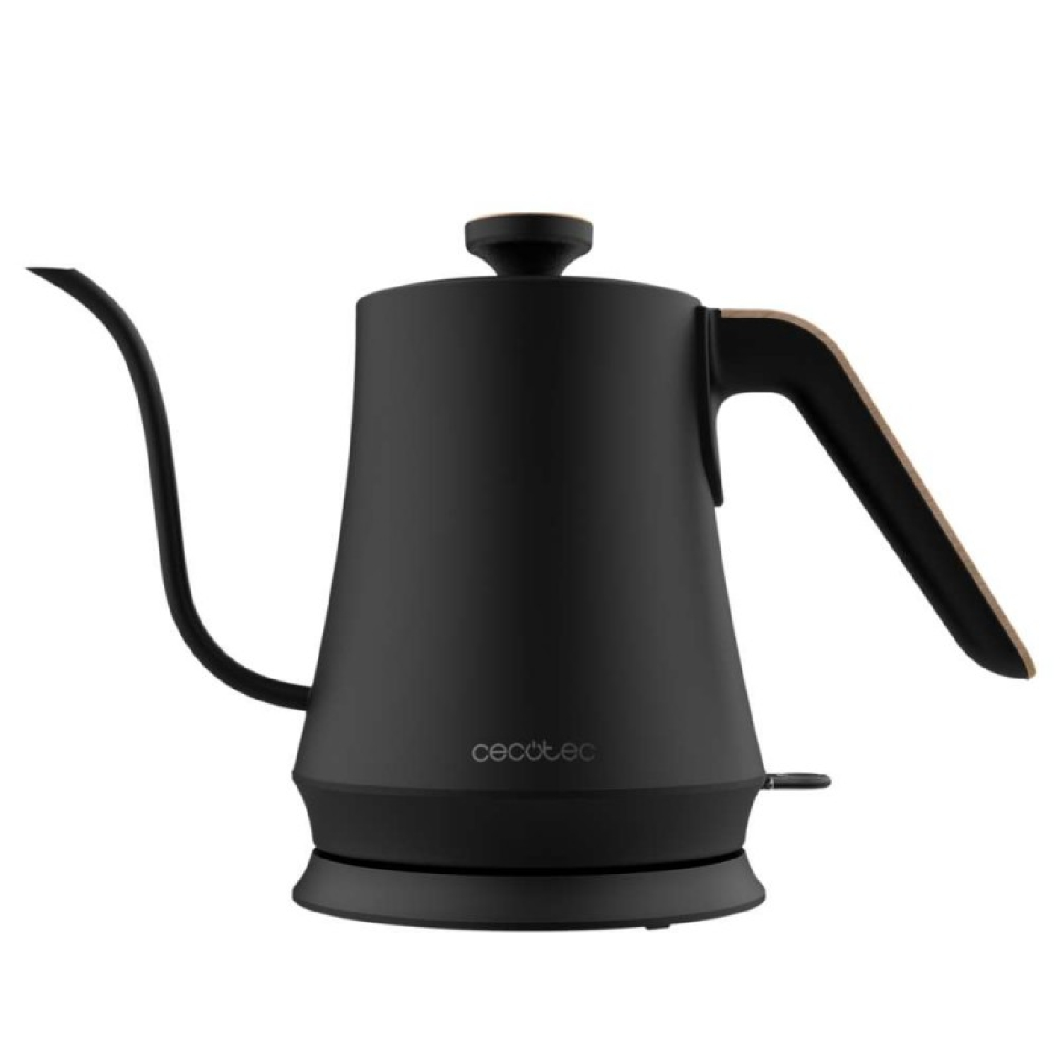 Un hervidor eléctrico negro mate con pico largo y mango con detalles de madera sobre una base.