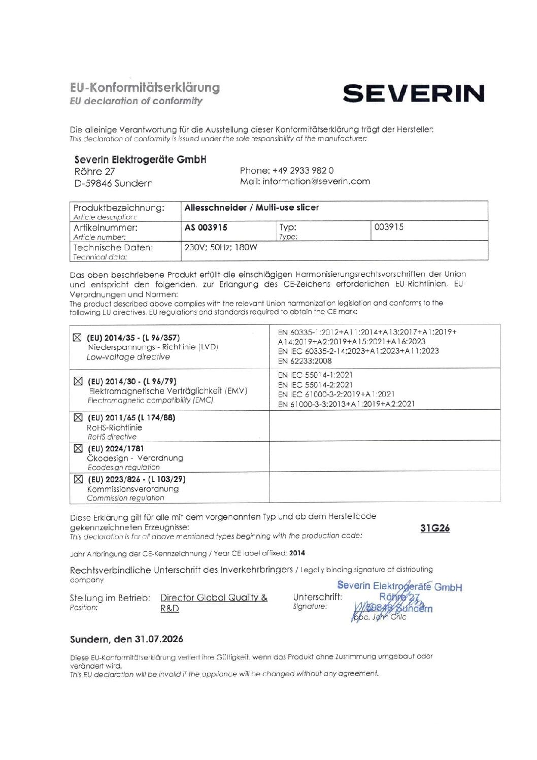 Dichiarazione UE di conformità per affettatrice Severin con dati tecnici.