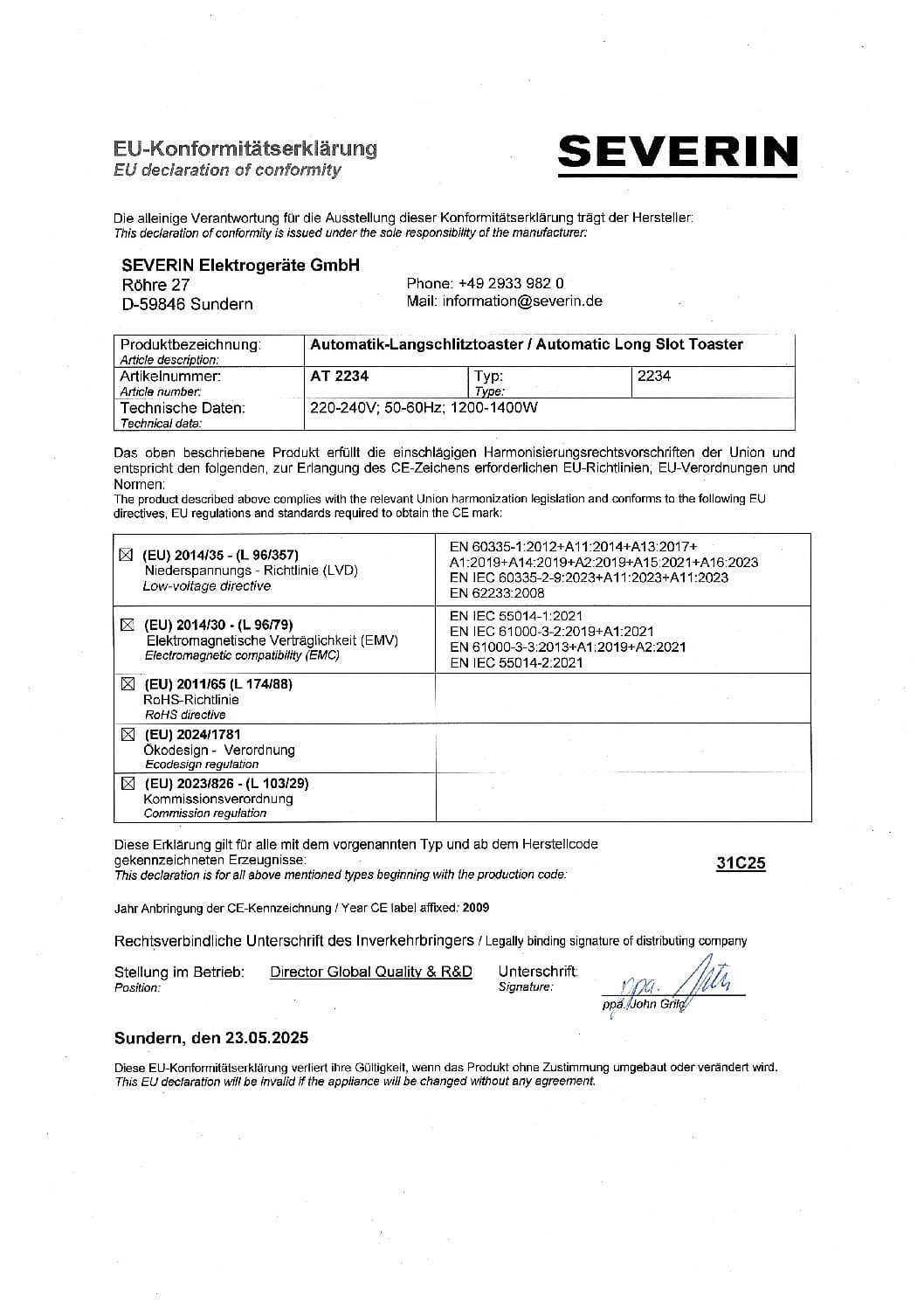 Deklaracja zgodności UE Severin dla totstera z danymi producenta i normami.