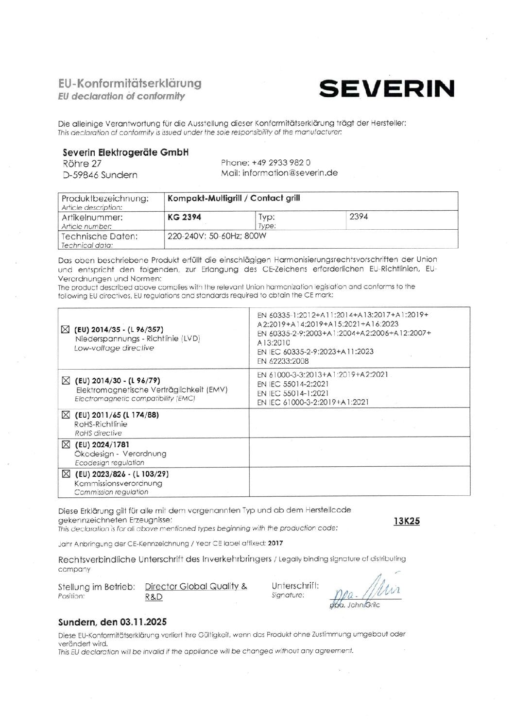 Declaración UE de conformidad de Severin Elektrogeräte GmbH para una parrilla.