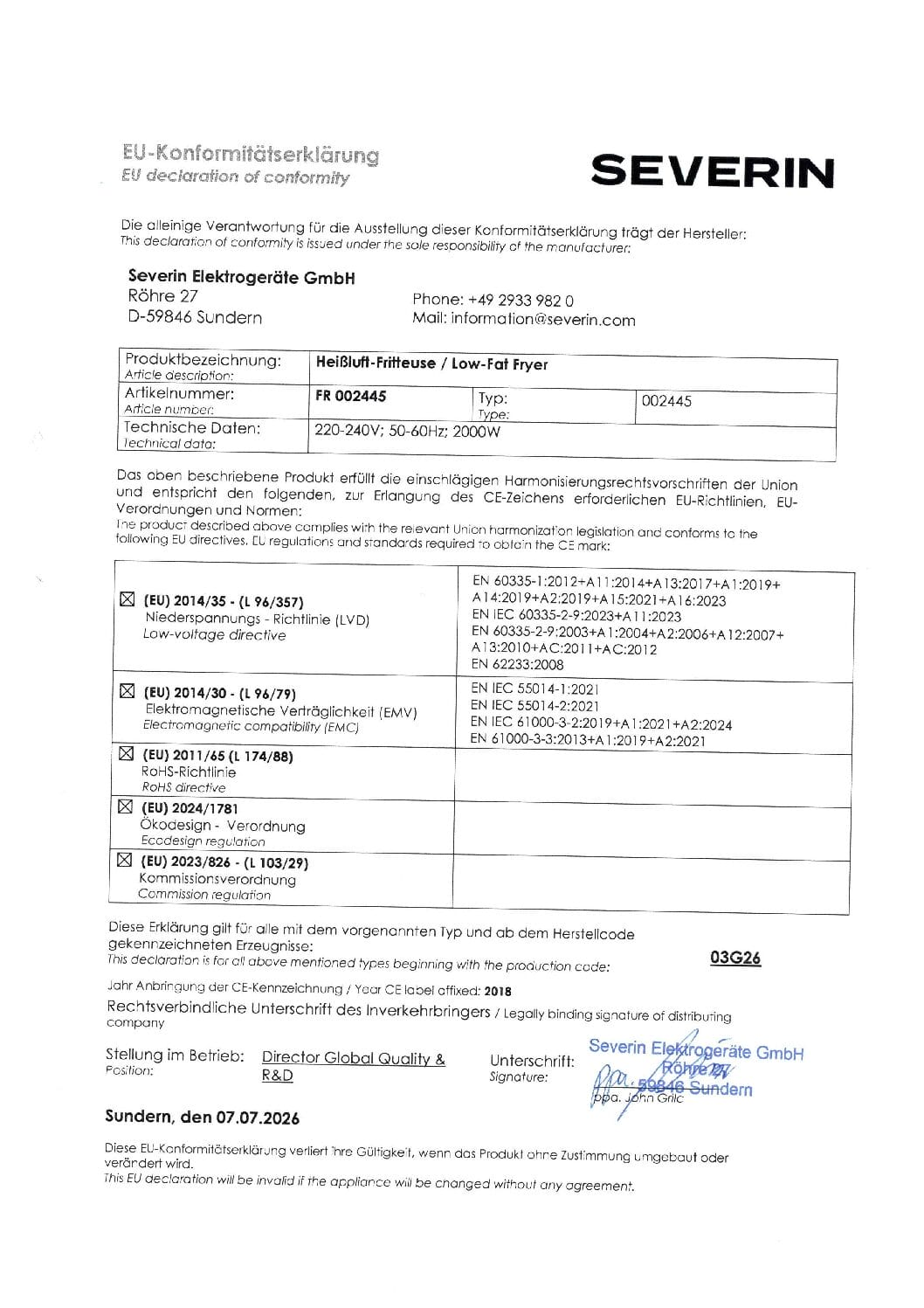 Dichiarazione di conformità UE Severin per friggitrice con dati tecnici e normative.