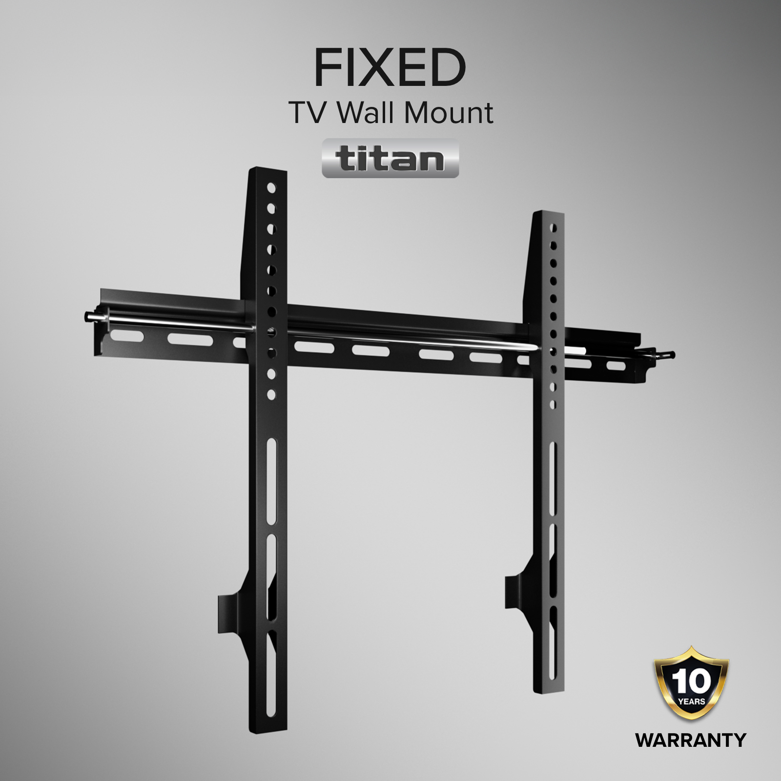 Un soporte de pared para TV fijo negro etiquetado titan con una garantía de 10 años.