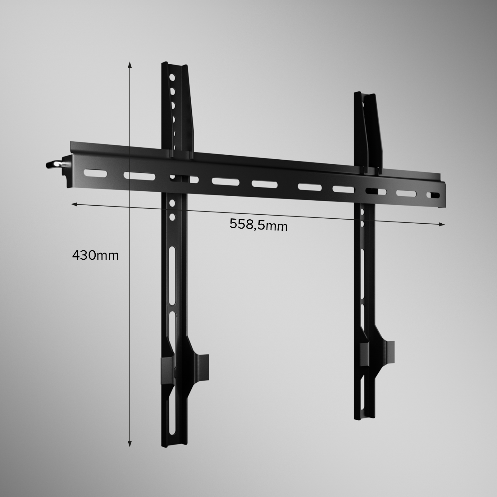 Soporte de pared para TV de metal negro con líneas de medida que indican 558,5 mm de ancho y 430 mm de alto.