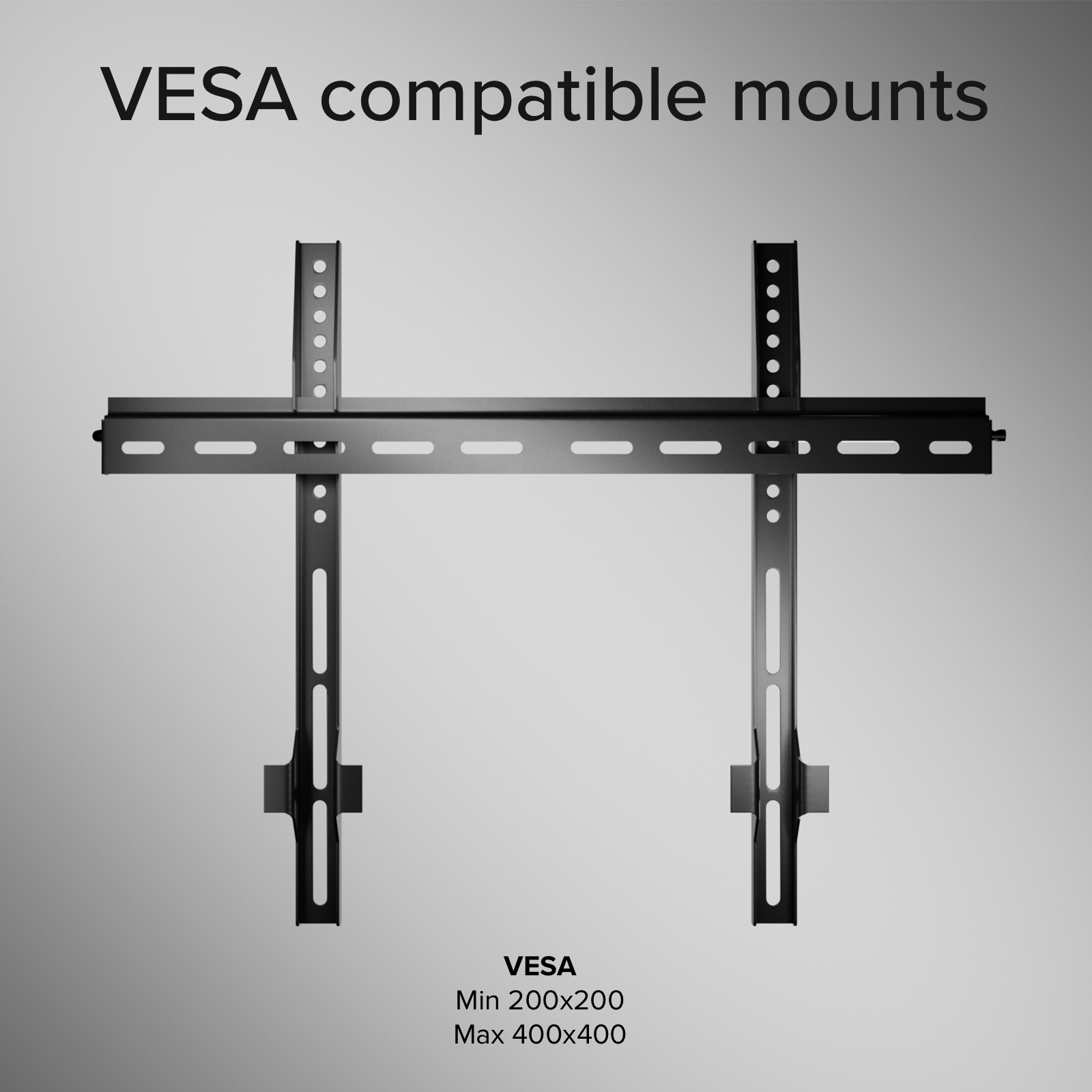 Un soporte de pared VESA negro para TV con dos soportes verticales sobre un fondo gris.
