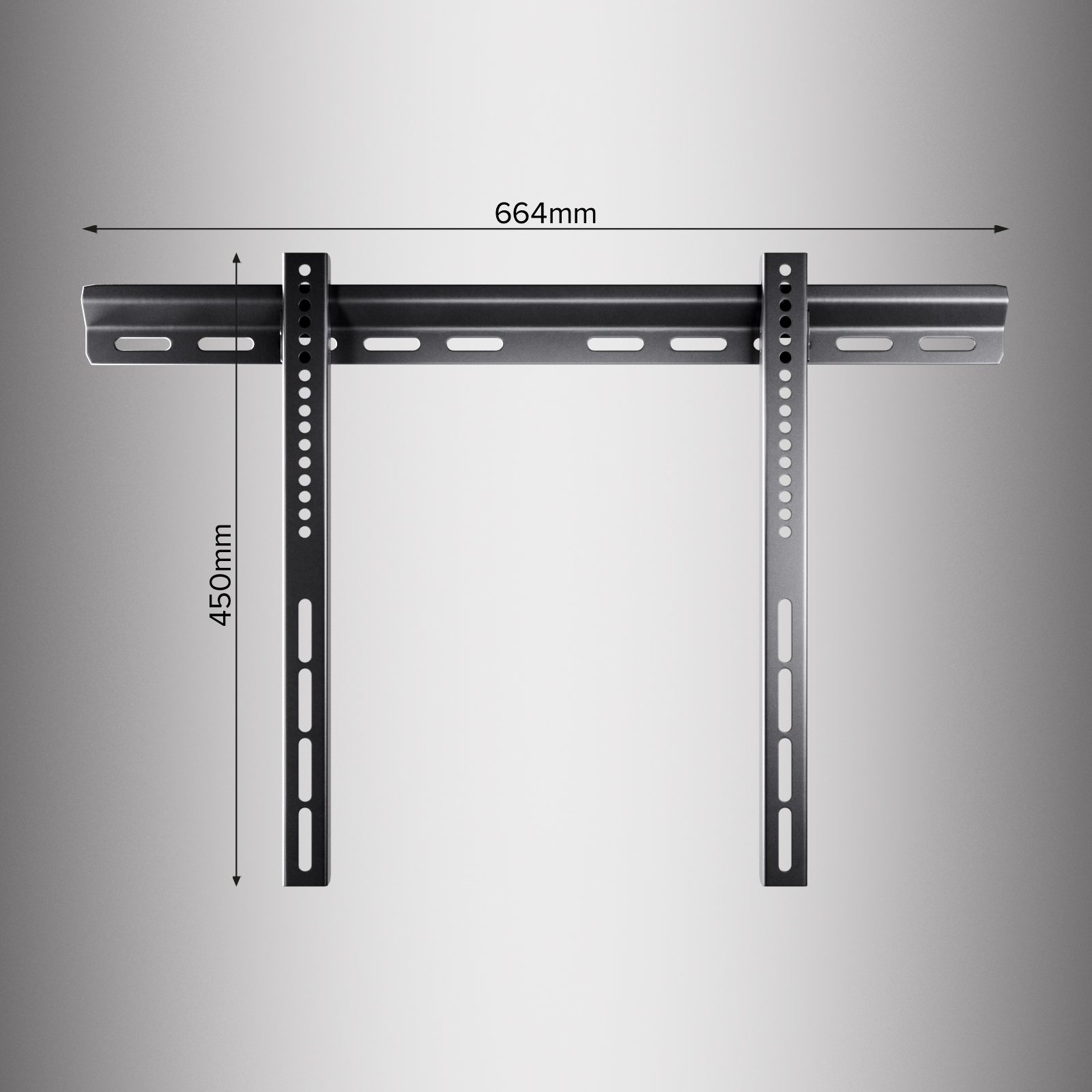 Un soporte de pared de metal negro para TV con dimensiones de 664 mm de ancho y 450 mm de alto.