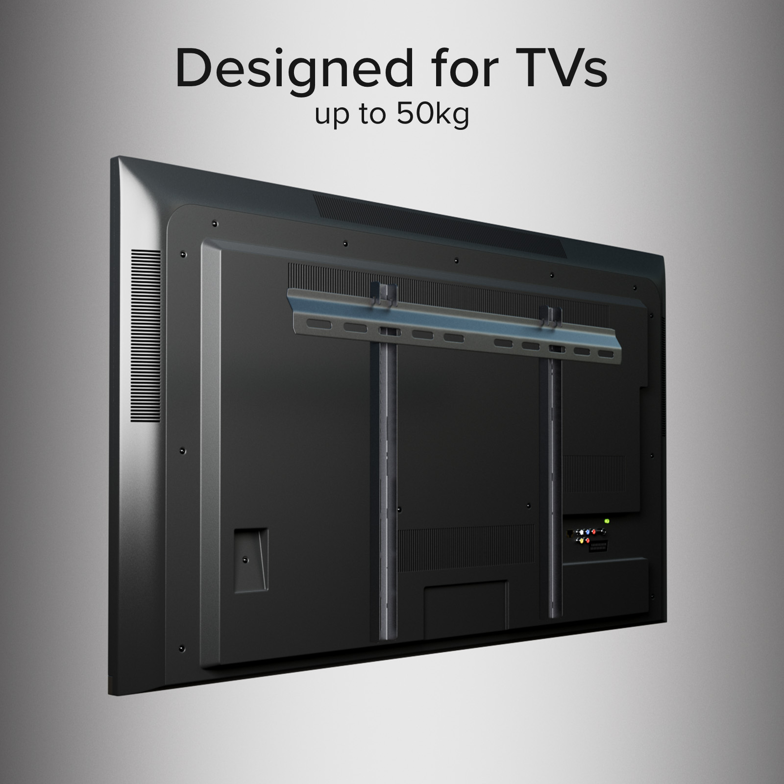 Vista trasera de un televisor con soporte de pared. Texto: Diseñado para televisores de hasta 50kg.
