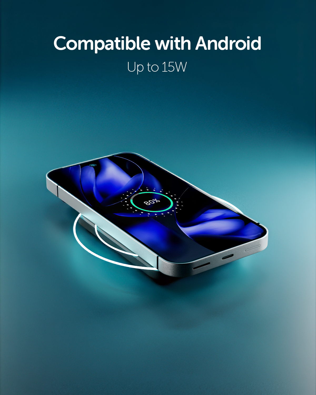 Uno smartphone in carica wireless su un tappetino, con testo sopra Compatibile con Android fino a 15W.