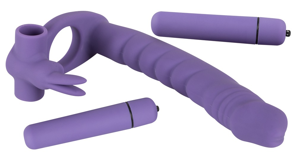 Lila Silikon-Sexspielzeug-Set mit Hauptteil, Ringen und zwei abnehmbaren Vibratoren.