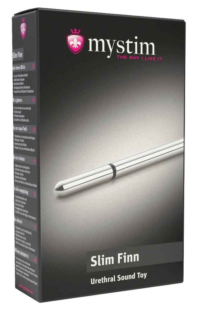 Schwarze Produktverpackung des Mystim Slim Finn Urethral Sound Toys mit Bild des silbernen Metallstabs.