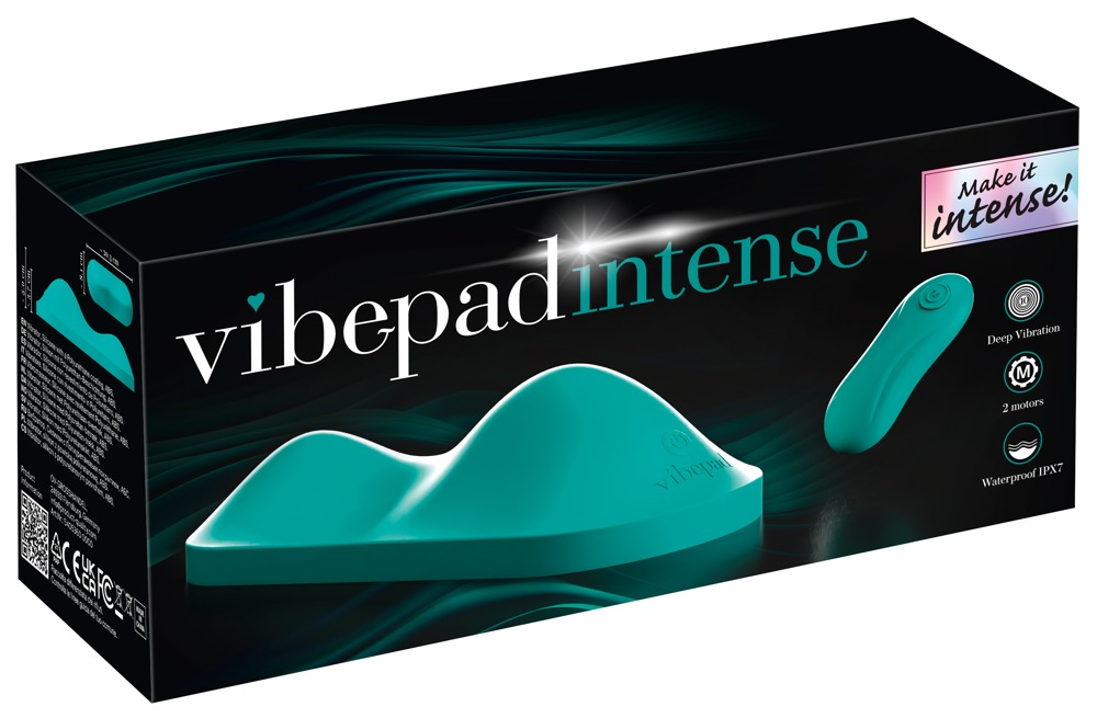 Schwarze Produktverpackung für den türkisblauen Vibepad Intense Vibrator mit abgebildeten Produktfunktionen.