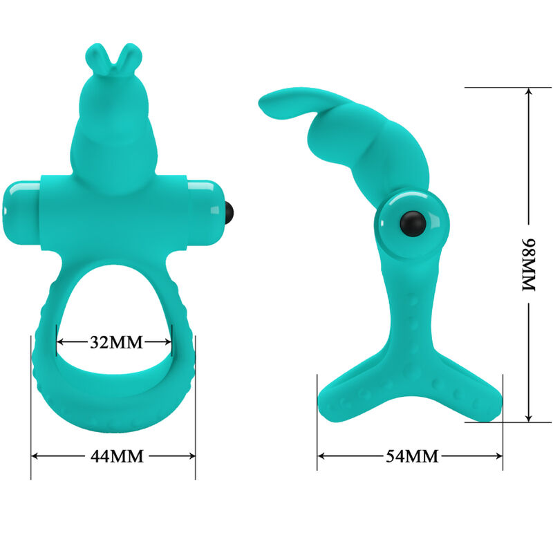 Juguete para adultos de silicona verde azulado con vistas frontal y lateral y medidas en milímetros.