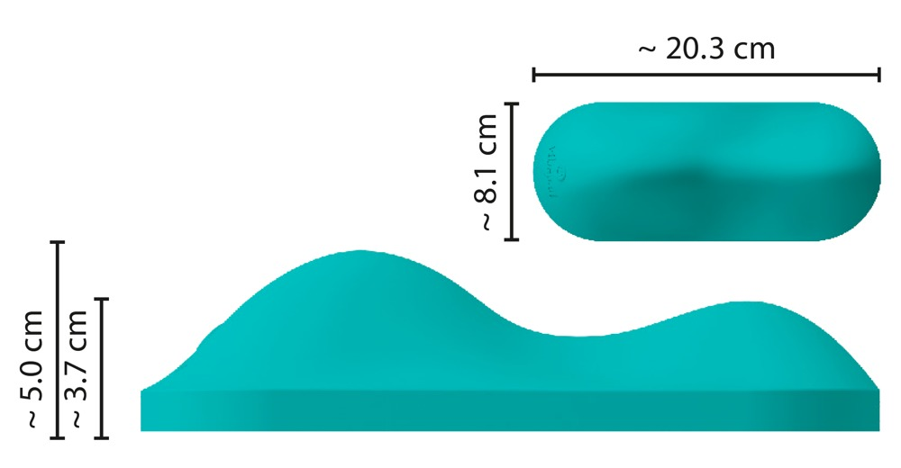 Cyanfarbenes ergonomisches Kissen mit Vorder- und Draufsicht sowie Maßangaben für Länge, Breite und H öhe.