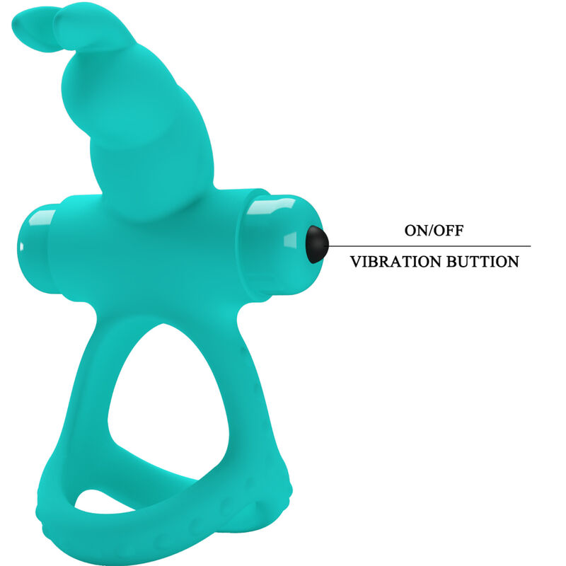 Juguete sexual turquesa para parejas con botón de vibración ON/OFF sobre fondo blanco.
