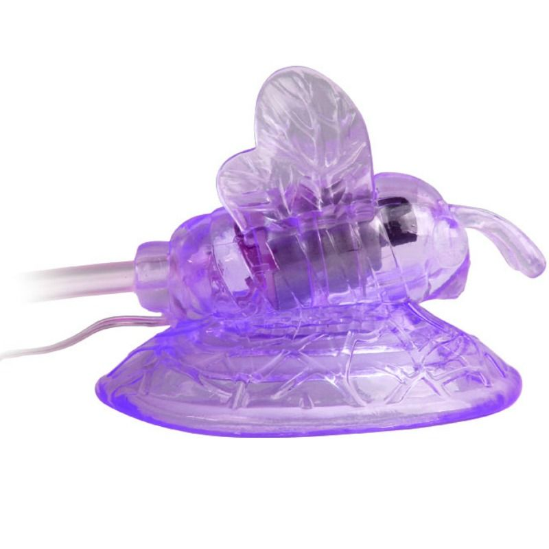 Eine violette, durchsichtige Bienenfigur mit Flügeln auf einem runden Sockel und einem angeschlossenen Kabel vor weißem Hintergrund.