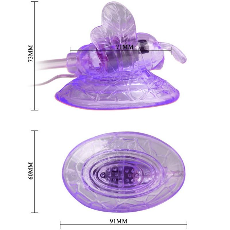 Lila Kunststoffobjekt in Bienenform mit Maßen von 73mm Höhe, 71mm Länge und einer Basis von 91x60mm.