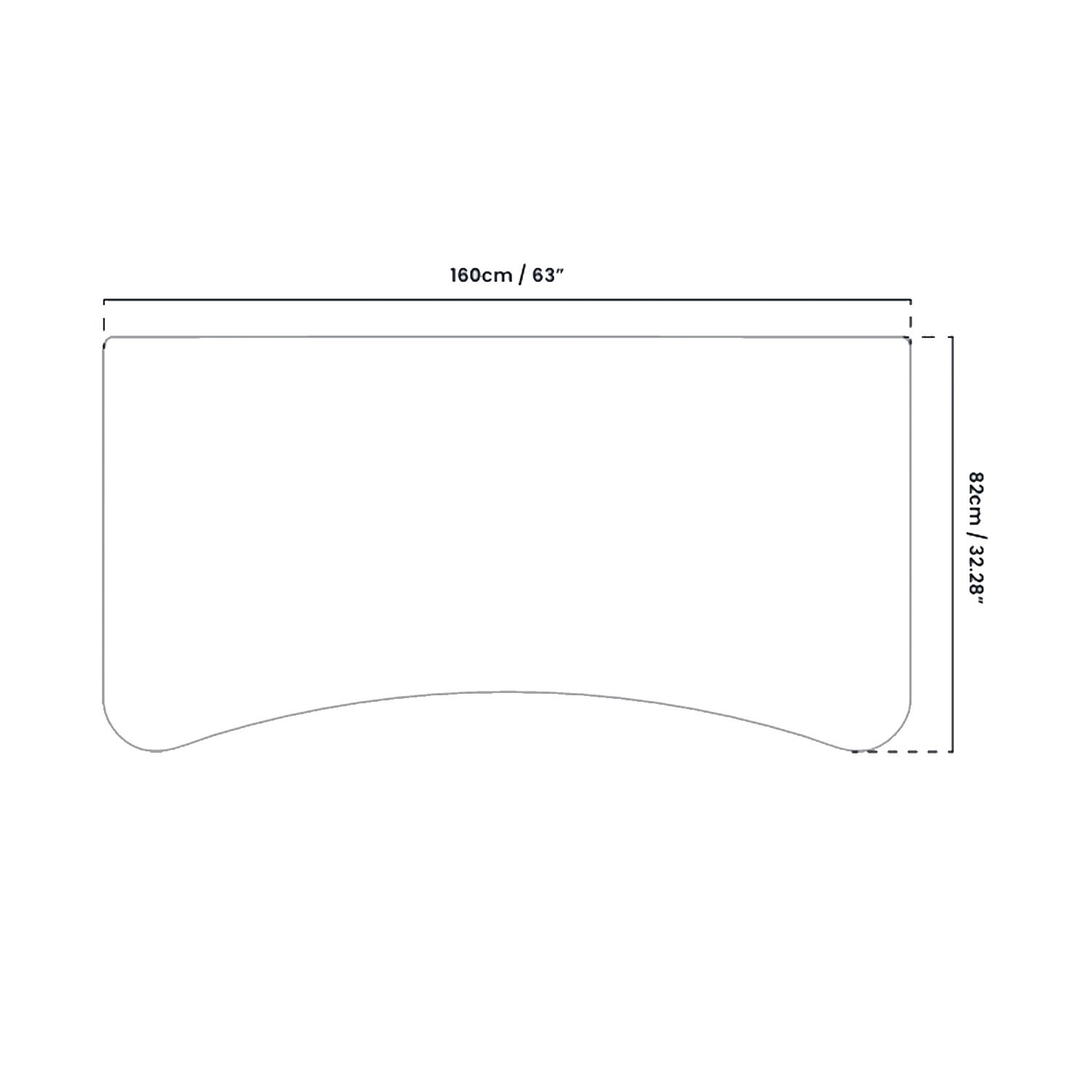 Dibujo técnico de un escritorio curvo con dimensiones de 160 cm de ancho y 82 cm de fondo.